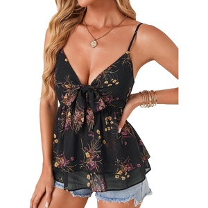 image:imageLYANER Womens Deep V Neck Sexy Babydoll Tank TopsBlack Daisy Bouquet
