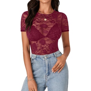 image:imageLYANER Womens Floral Lace Sexy Y2k Tee TopsDark Red