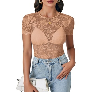 image:imageLYANER Womens Floral Lace Sexy Y2k Tee TopsKhaki