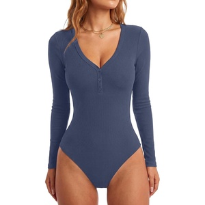 image:imageLYANER Womens Henley V Neck Sexy BodysuitsDark Blue