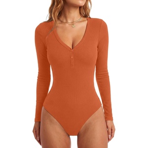 image:imageLYANER Womens Henley V Neck Sexy BodysuitsDark Orange