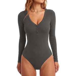 image:imageLYANER Womens Henley V Neck Sexy BodysuitsDark Spend Gray