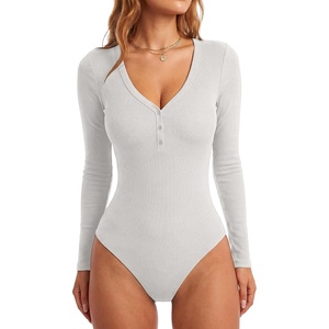 image:imageLYANER Womens Henley V Neck Sexy BodysuitsGray