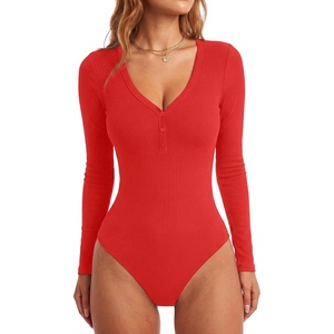 image:imageLYANER Womens Henley V Neck Sexy BodysuitsRed