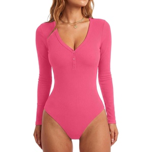 image:imageLYANER Womens Henley V Neck Sexy BodysuitsRose Pink