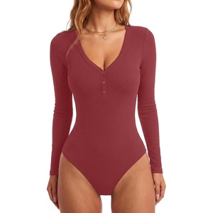 image:imageLYANER Womens Henley V Neck Sexy BodysuitsWine Red