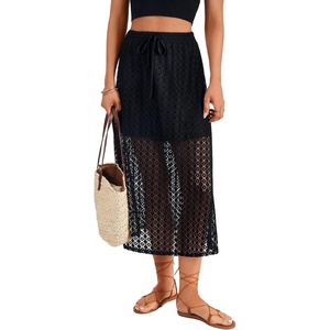 image:imageLYANER Womens Lace Hollow Out A Line High Waisted Casual Beach Long Skirt with UnderneathBlack