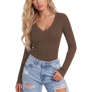 image:imageLYANER Womens Lace V Neck Long Sleeve ShirtsBrown
