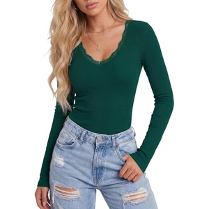 image:imageLYANER Womens Lace V Neck Long Sleeve ShirtsDark Green