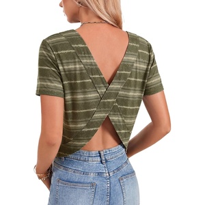image:imageLYANER Womens Open Back Casual TeeLight Green Stripes