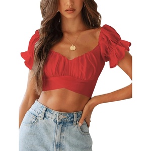 image:imageLYANER Womens Puff Short Sleeve Y2k Crop TopSolid Red