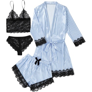 image:imageLYANER Womens Silk Satin Sexy Pajamas SetBlue and White Stripes