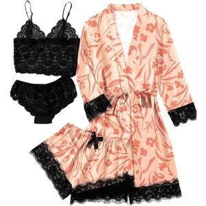 image:imageLYANER Womens Silk Satin Sexy Pajamas SetCoral Pink Floral Print