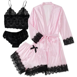 image:imageLYANER Womens Silk Satin Sexy Pajamas SetWhite Pink Stripe