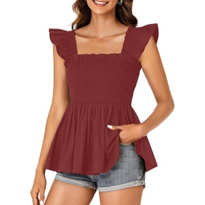 image:imageLYANER Womens Smocked Casual Peplum TopBurgundy