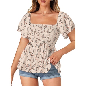 image:imageLYANER Womens Square Neck Casual Peplum TopFloral Beige