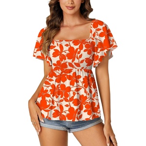 image:imageLYANER Womens Square Neck Cute Peplum TopFloral Orange