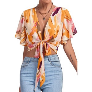 image:imageLYANER Womens Tie Front Sexy Crop TopsAbstract Print