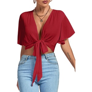 image:imageLYANER Womens Tie Front Sexy Crop TopsBurgundy