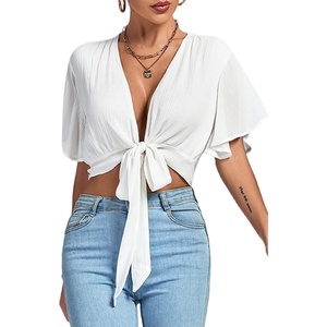 image:imageLYANER Womens Tie Front Sexy Crop TopsSolid White