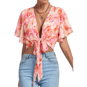 image:imageLYANER Womens Tie Front Sexy Crop TopsTie Dye Floral Purple