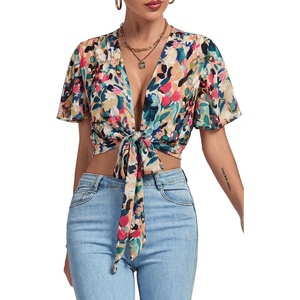 image:imageLYANER Womens Tie Front Sexy Crop TopsTropical Multicolored