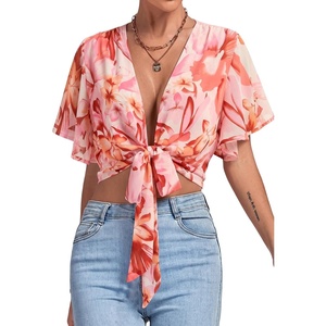 image:imageLYANER Womens Tie Front Sexy Crop TopsWhite Pink Floral