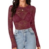 image:imageLYANER Womens Floral Lace Sheer Mesh Sexy BlouseDark Red