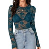 image:imageLYANER Womens Floral Lace Sheer Mesh Sexy BlouseTeal Blue