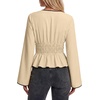 image:imageLYANER Womens Smocked Deep V Neck Babydoll TopsBeige