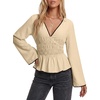 image:imageLYANER Womens Smocked Deep V Neck Babydoll TopsBeige