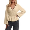 image:imageLYANER Womens Smocked Deep V Neck Babydoll TopsBeige