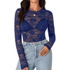 image:imageLYANER Womens Floral Lace Sheer Mesh Sexy BlouseDark Blue