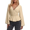 image:imageLYANER Womens Smocked Deep V Neck Babydoll TopsBeige