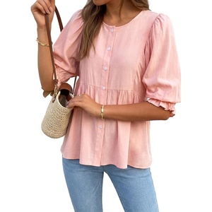 image:imageLYANER Womens Button Down Casual Peplum TopsPink