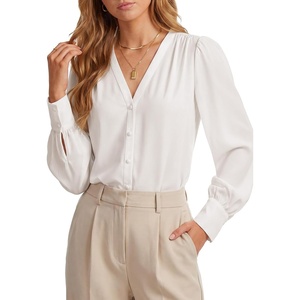 image:imageLYANER Womens Button Down V Neck Blouse TopsWhite