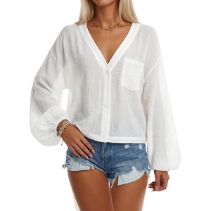image:imageLYANER Womens Button Down V Neck Crop TopWhite