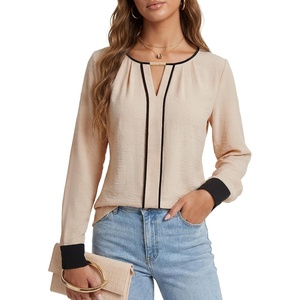image:imageLYANER Womens Color Block Pleated Casual Blouse TopsBeige