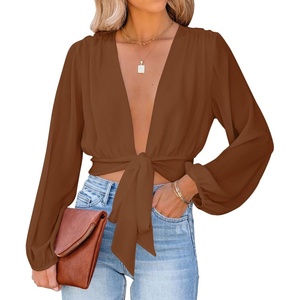 image:imageLYANER Womens Deep V Neck Sexy Wrap Crop TopDark Brown