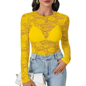 image:imageLYANER Womens Floral Lace Sheer Mesh Sexy BlouseBright Yellow