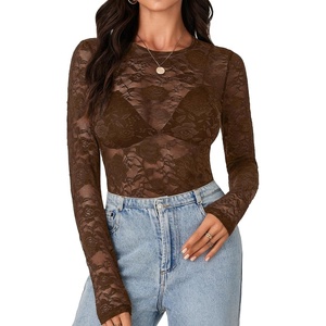 image:imageLYANER Womens Floral Lace Sheer Mesh Sexy BlouseBrown