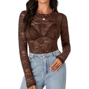 image:imageLYANER Womens Floral Lace Sheer Mesh Sexy BlouseDark Brown