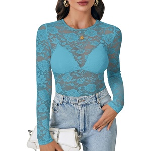 image:imageLYANER Womens Floral Lace Sheer Mesh Sexy BlouseLake Blue