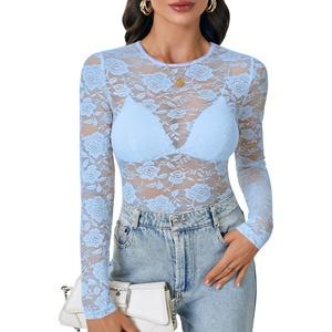 image:imageLYANER Womens Floral Lace Sheer Mesh Sexy BlouseLight Blue