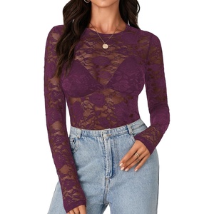 image:imageLYANER Womens Floral Lace Sheer Mesh Sexy BlousePlum Purple