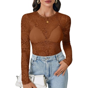 image:imageLYANER Womens Floral Lace Sheer Mesh Sexy BlouseReddish Brown