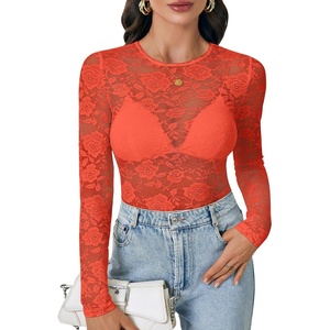 image:imageLYANER Womens Floral Lace Sheer Mesh Sexy BlouseRust Red