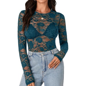 image:imageLYANER Womens Floral Lace Sheer Mesh Sexy BlouseTeal Blue