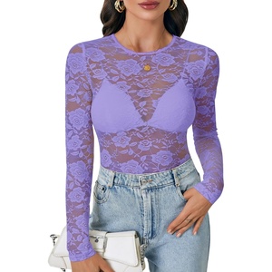 image:imageLYANER Womens Floral Lace Sheer Mesh Sexy BlouseViolet