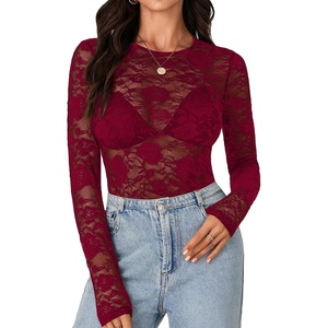 image:imageLYANER Womens Floral Lace Sheer Mesh Sexy BlouseWine Red